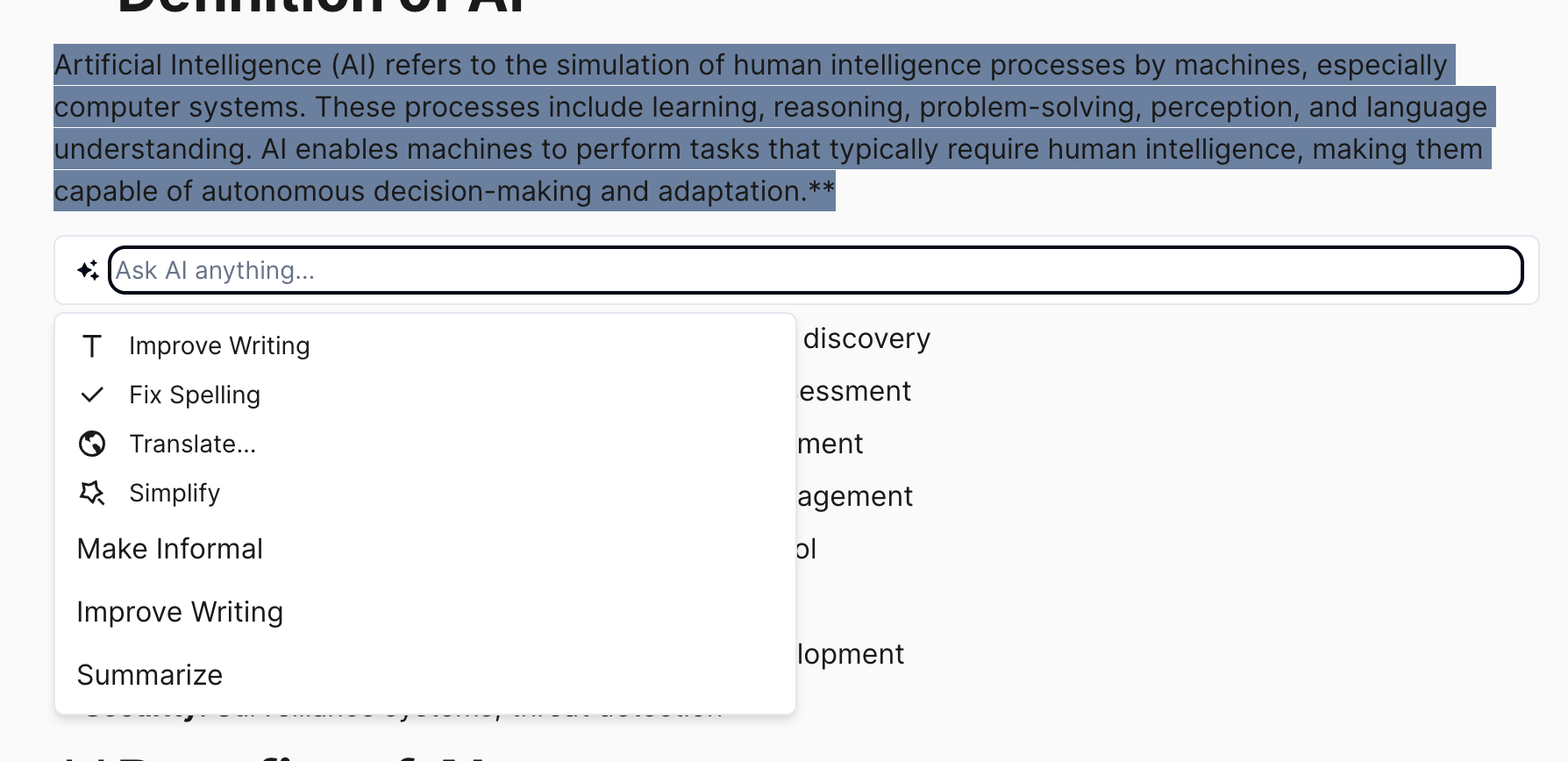 Artifact Canvas interface showing AI-powered editing capabilities
