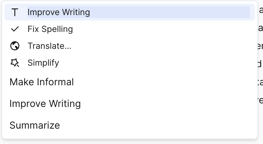 Artifact Canvas shortcuts panel showing available quick actions