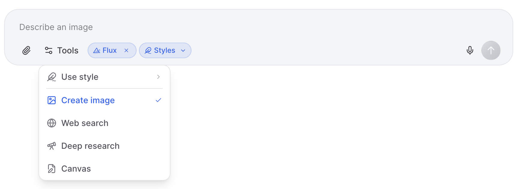 Artifact chat input tool selector showing image creation options