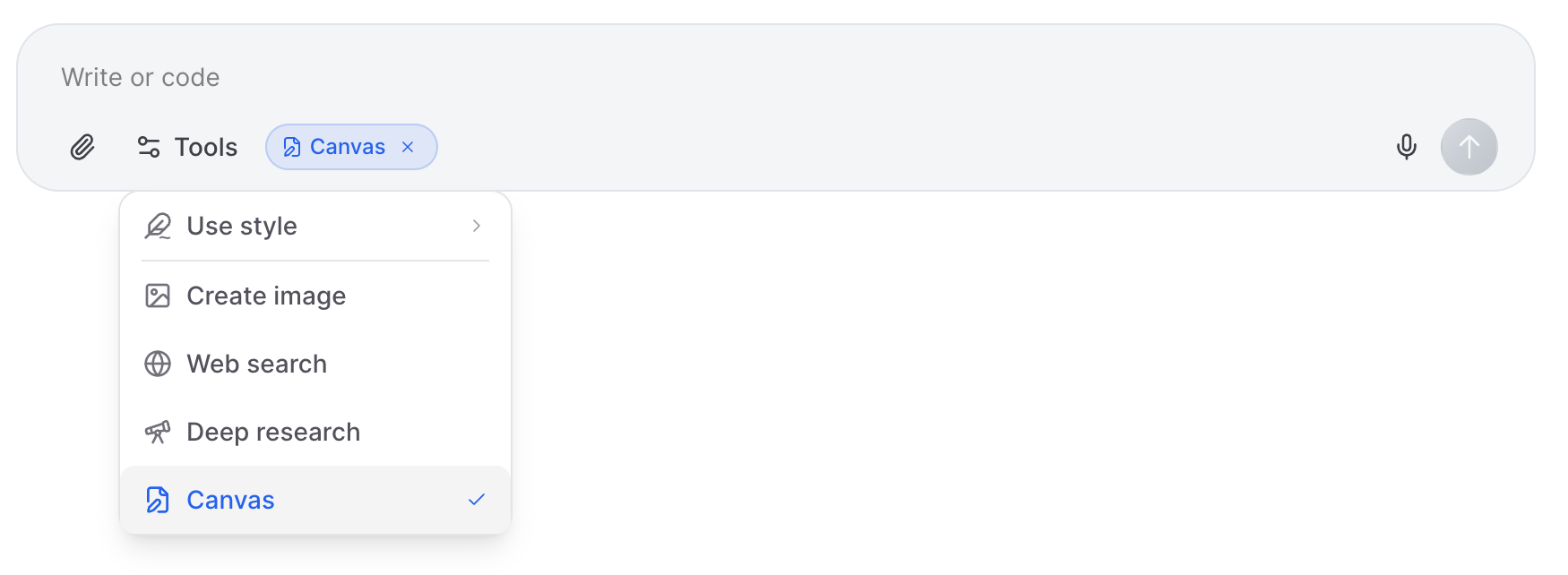 Artifact Canvas tool selector in the chat interface