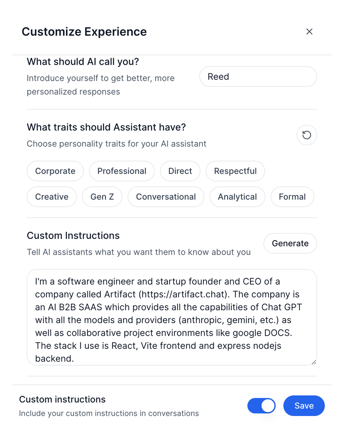 Artifact custom instructions interface showing how to set up personalized preferences