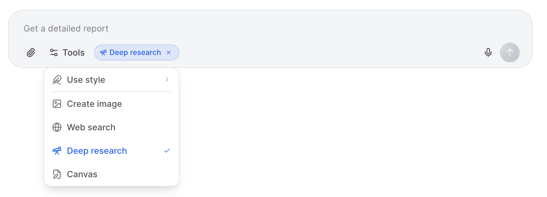 Artifact chat interface showing deep research tool selected in the dropdown