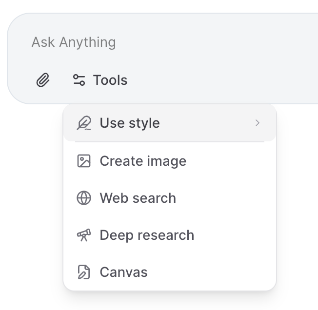 Artifact style selector in the chat input interface