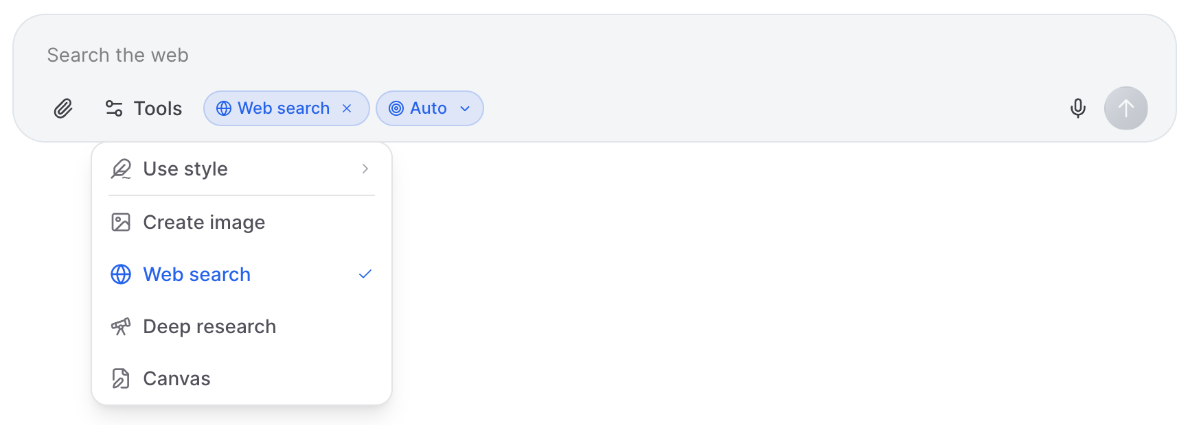 Artifact web search tool selector dropdown