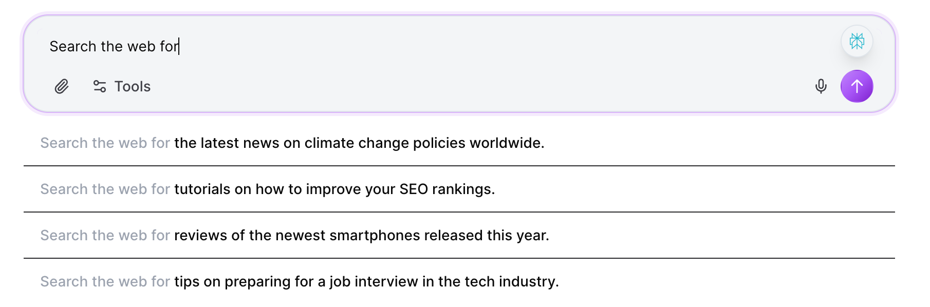 Artifact interface showing how web search can be triggered by saying use web search