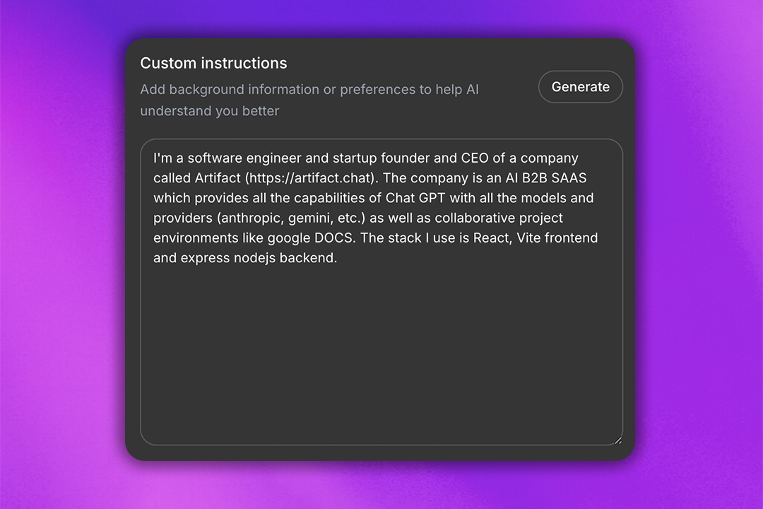 Artifact custom instructions interface showing personalization options