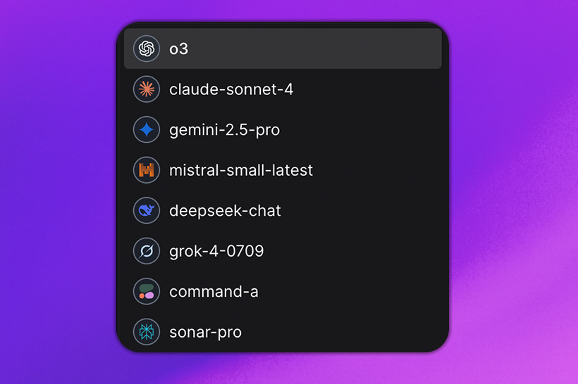 AI model selection interface showing various providers and their capabilities