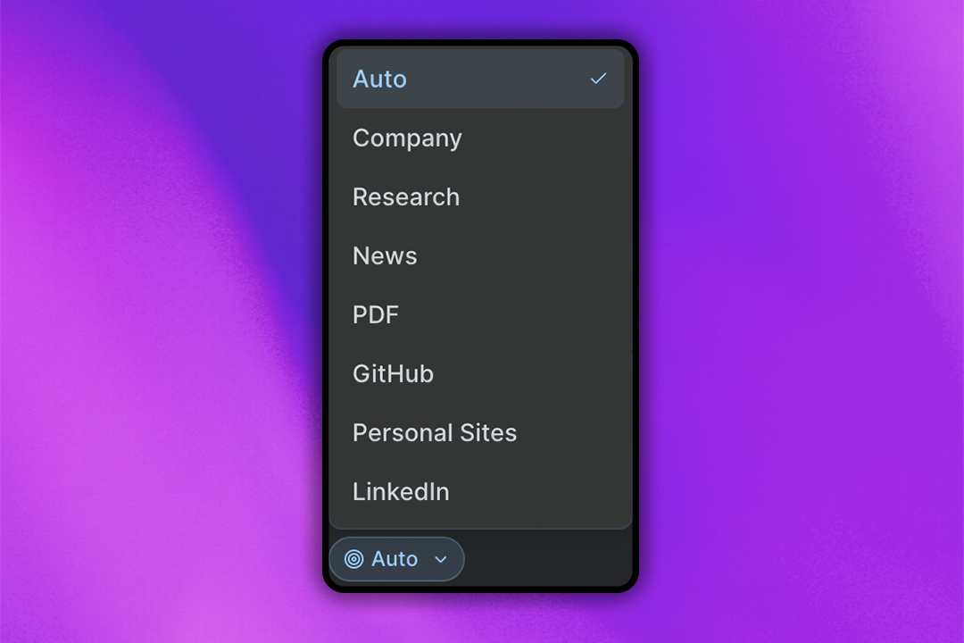 Artifact search focus options menu showing Auto, Company, Research, News, PDF, GitHub, Personal Sites, and LinkedIn options
